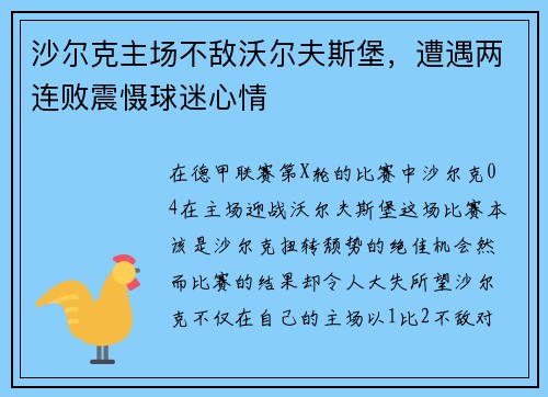 沙尔克主场不敌沃尔夫斯堡，遭遇两连败震慑球迷心情